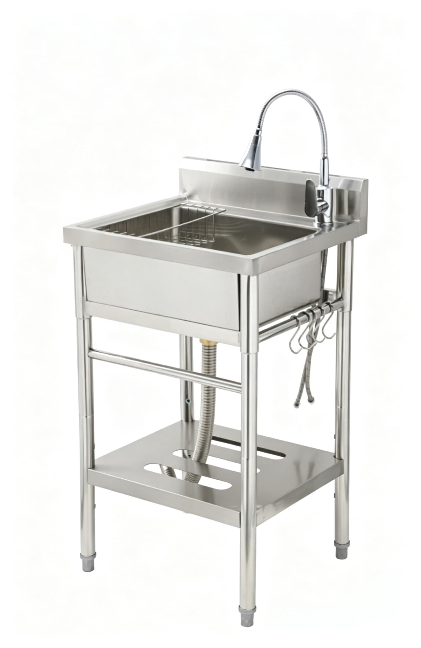 Kicctian Stainless Steel Utility Sink, 22'' × 20'' × 39'' Freestanding Stainless Steel Single Bowl Laundry Sink with swivel horn style faucets for Kitchen, Bathroom, Garage or Basement