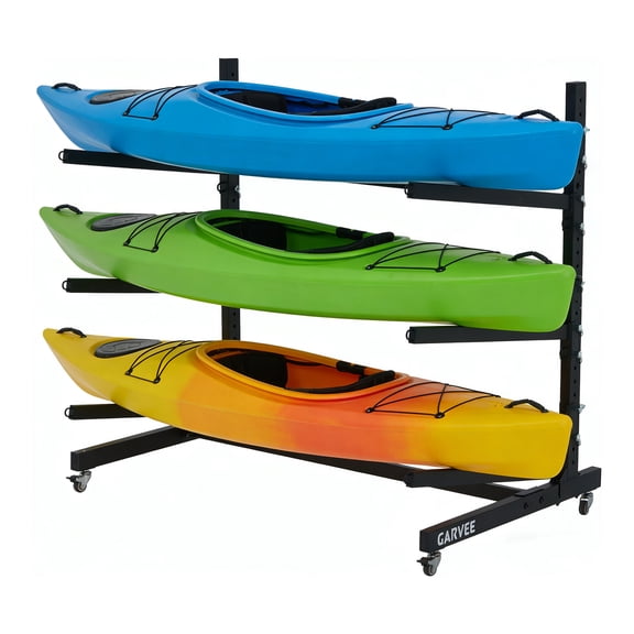 Kicctian Steel Kayak Storage Rack with Wheels, 200 lbs Capacity, 3-Tier Adjustable Heavy Duty Stand for Kayaks, Canoes, SUPs, Surfboards