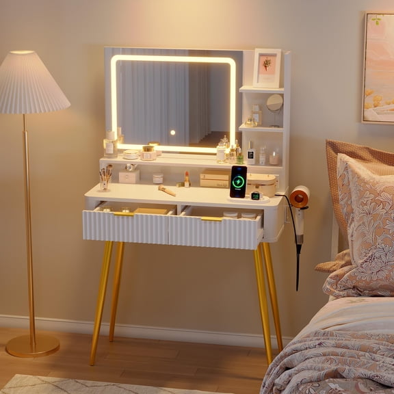 Kicctian Storage Vanity Desk with Lighted Mirror - Mid Century Modern Makeup Table, Fluted Design, 2 Drawers & Cabinet, 3 Adjustable Light Modes,White