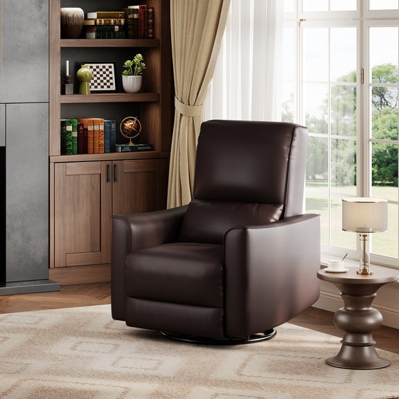 Kicctian Swivel Rocking Recliner Chair, Manual Glider Single Sofa with High Back & Lumbar Support, Padded Armrests, Upholstered Faux Leather Rocker Recliner for Living Room, Bedroom,Brown