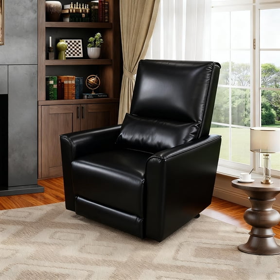 Kicctian Swivel Rocking Recliner Chair, Manual Glider Single Sofa with High Back & Lumbar Support, Padded Armrests, Upholstered Faux Leather Rocker Recliner for Living Room, Bedroom,Black