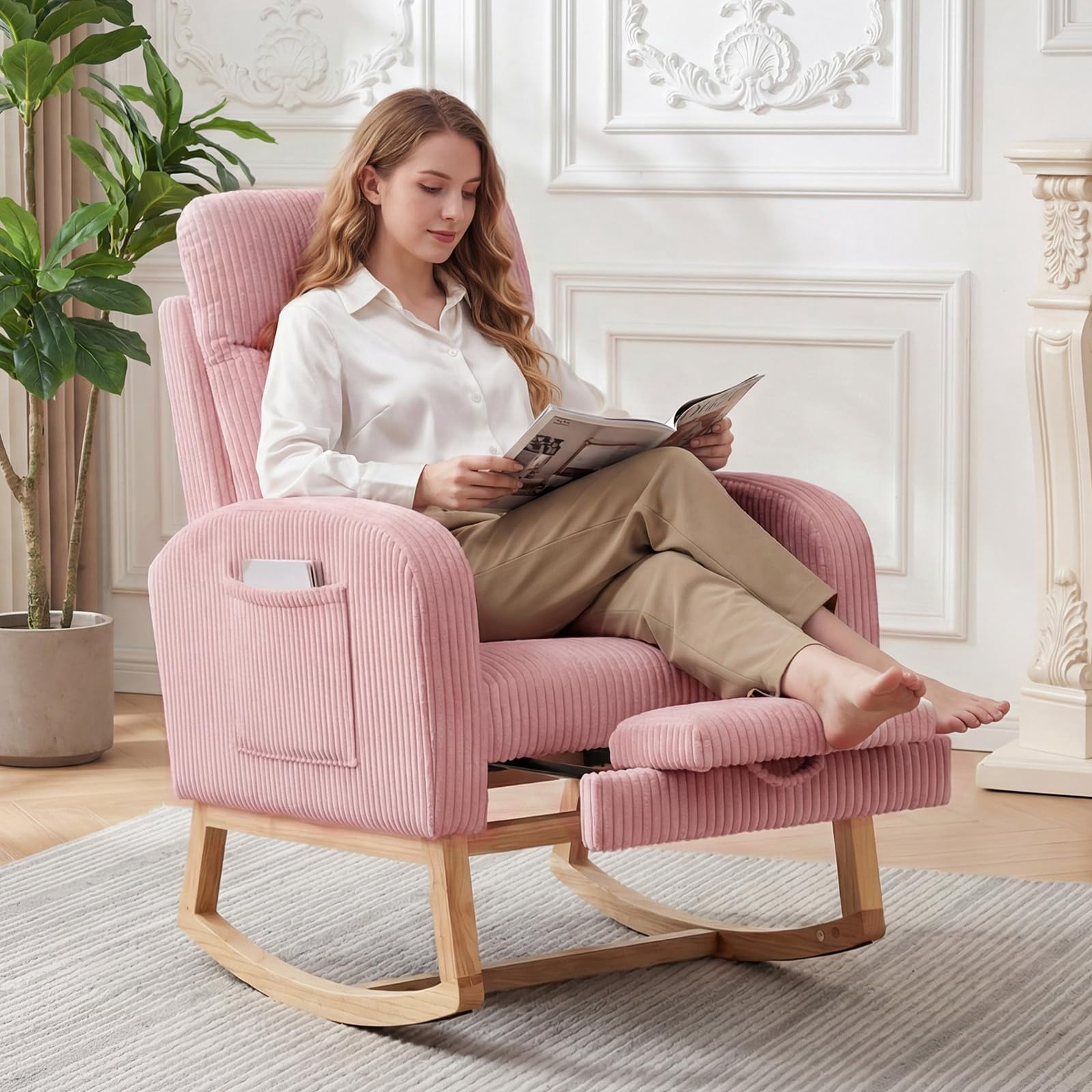 Kicctian Teddy Upholstered Rocking Chair with Extendable Footrest, Wooden Leg Rocking Armchair with Storage Side Pocket, Nursery Accent Seating for Living Room, Bedroom,Pink