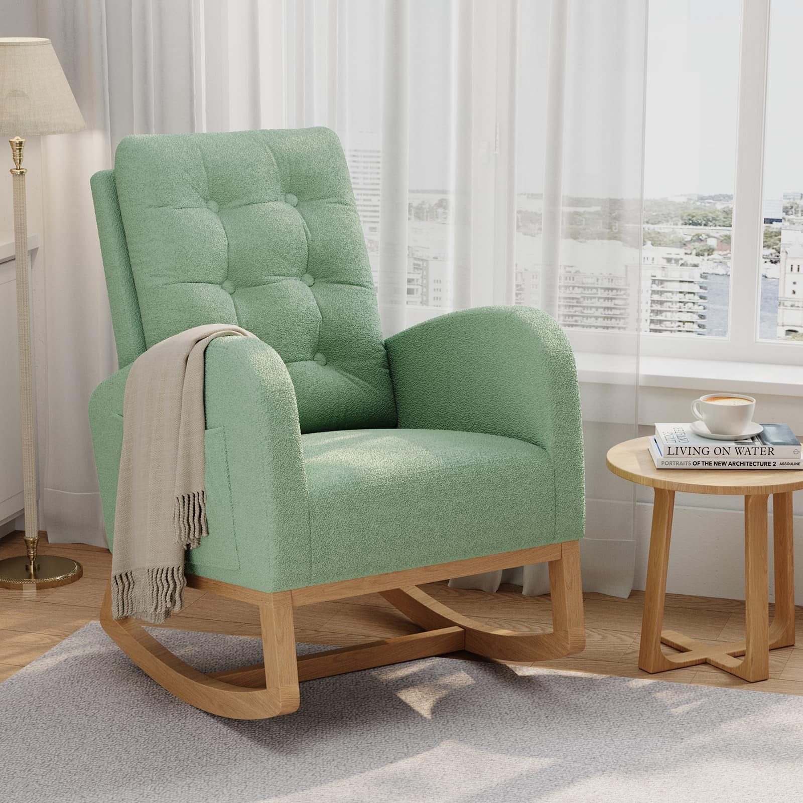 Kicctian Upholstered Nursery Rocking Chair, Modern Rocker Recliner with Storage Side Pocket , Comfortable Accent Chair for Bedroom, Living Room,Green