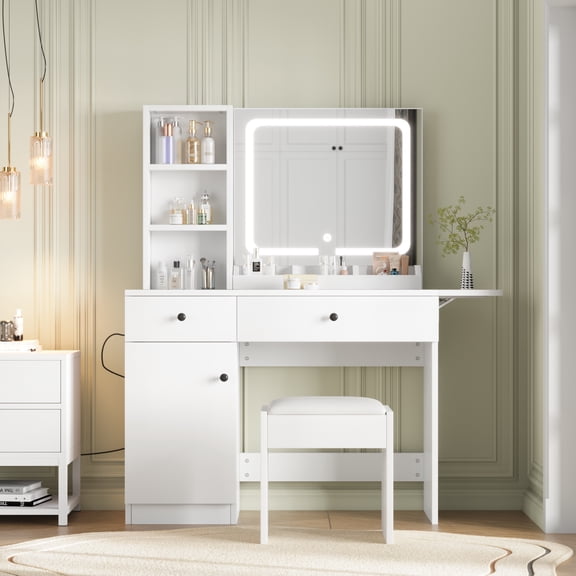 Kicctian Vanity Desk with Large Storage Cabinet, 2 Drawers & 3 Shelves - White Makeup Table with Lighted Mirror, Charging Station & 3 Dimmable Modes
