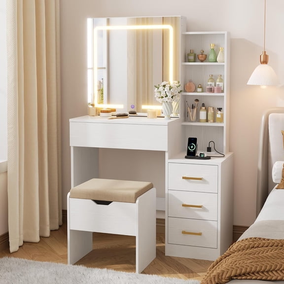 Kicctian Vanity Set with Sliding LED Mirror & Storage Stool - 4-Drawer Makeup Desk, 7 Shelves, Charging Station & Adjustable Lights for Bedroom,White
