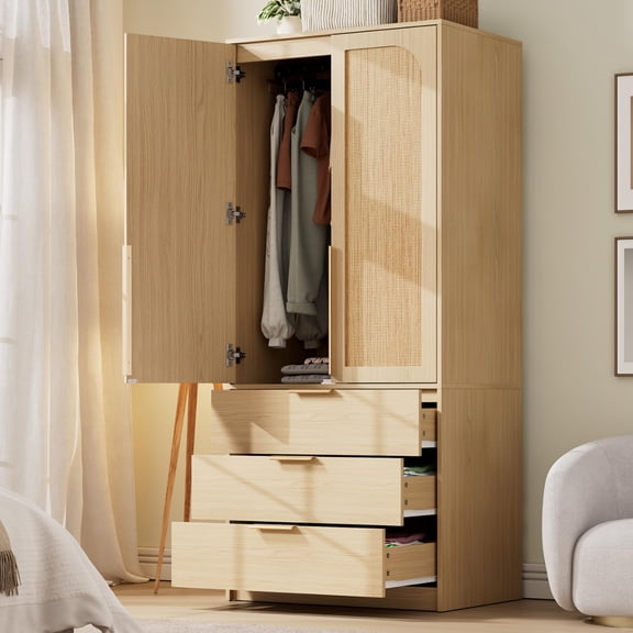 Kicctian Wardrobe Closet with 3 Drawers, 70" Bedroom Armoire with 2 Doors & Hanging Rod, Clothes Storage Organizer Cabinet for Bedroom, Living Room, Natural Wood AB Box