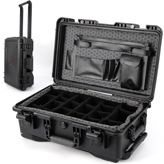 Kicctian Waterproof Camera Case with Wheels, Impact Resistant Dustproof Dry Box for Diving & Water Sports, Padded Dividers, 22"x14"x9", with Document Bag & Camera Insert
