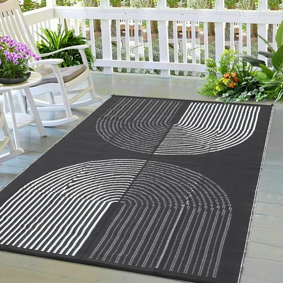 Kicctian Waterproof Outdoor Rug, 9x12 ft Reversible Plastic Straw Rug for Patio Lightweight Portable Camping Mat for Outside RV Beach Picnic Backyard, Black & White