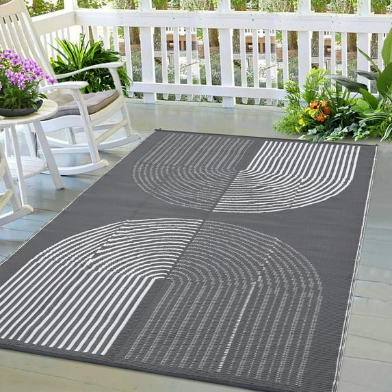 Kicctian Waterproof Outdoor Rug, 9x12 ft Reversible Plastic Straw Rug for Patio Lightweight Portable Camping Mat for Outside RV Beach Picnic Backyard, Grey & White