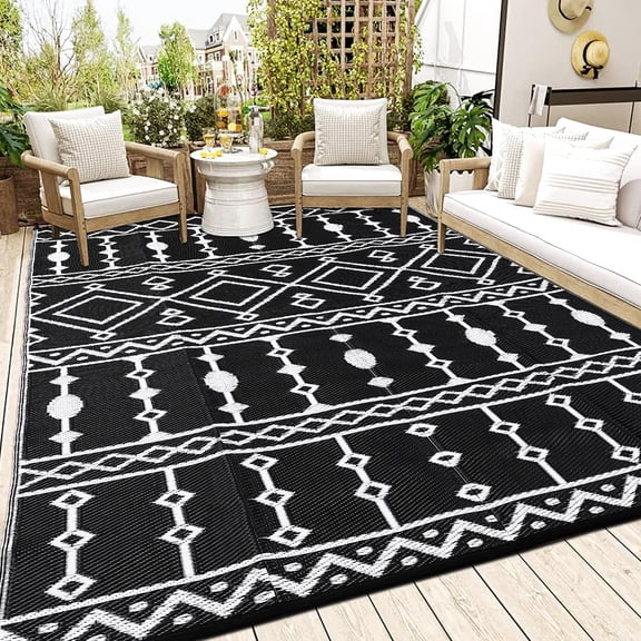 Kicctian Waterproof Outdoor Rug, 9x18ft Large Reversible Plastic Straw Rug, 2-Sided Floor Mat for Camping, RV, Patio, Backyard, Deck or Picnic, Black & White