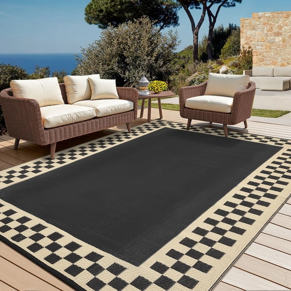 Kicctian Waterproof Reversible Outdoor Rug 10x14ft – Modern Striped Edge Plastic Patio Carpet – Easy Clean, Portable with Stakes & Carry Bag – Garden, RV, Balcony, Camping – Black Coffee
