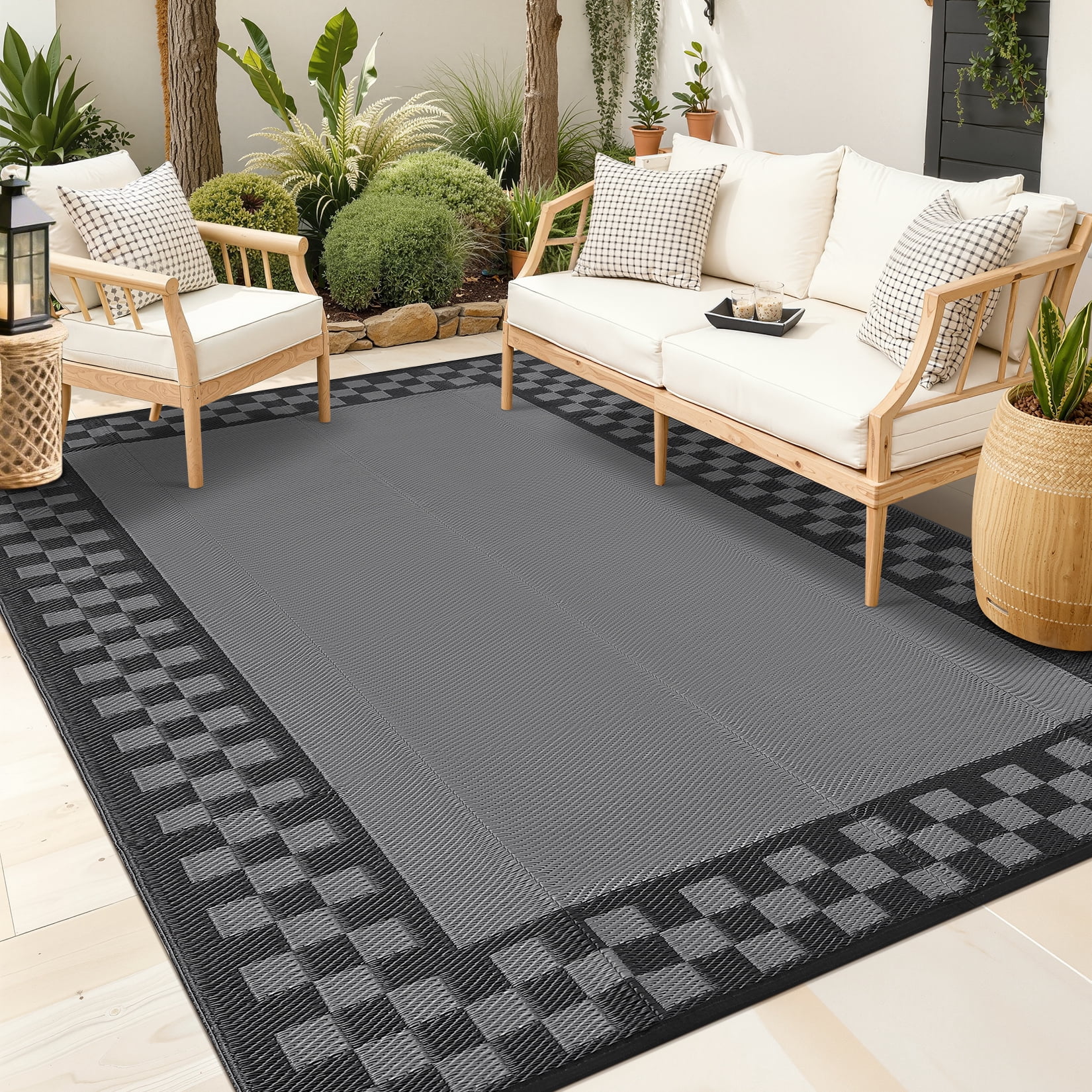Kicctian Waterproof Reversible Outdoor Rug 9x12ft– Fade-Proof Geometric Mat with Stakes & Carry Bag – Garden, Balcony, Camping, Backyard – Black and Gray