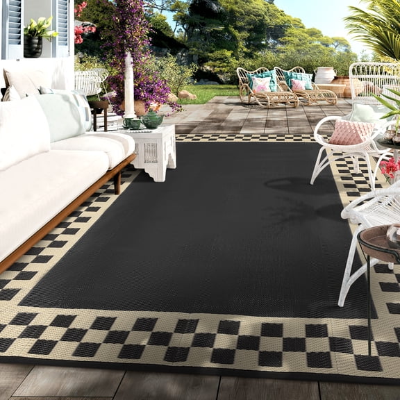 Kicctian Waterproof Reversible Outdoor Rug 9x12ft – Geometric Plastic Patio Carpet –Easy Clean, Portable with Stakes & Carry Bag – Garden, Balcony, Camping, RV, Backyard – Black Coffee