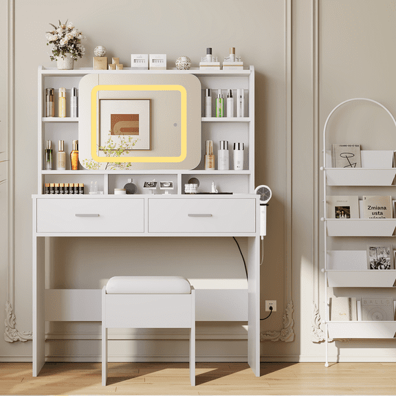 Kicctian White Vanity Table & Chair Set with 3-Color LED Mirror & Charging Port - 2-Drawer Modern Dresser with Stool, 40"x17"x54"