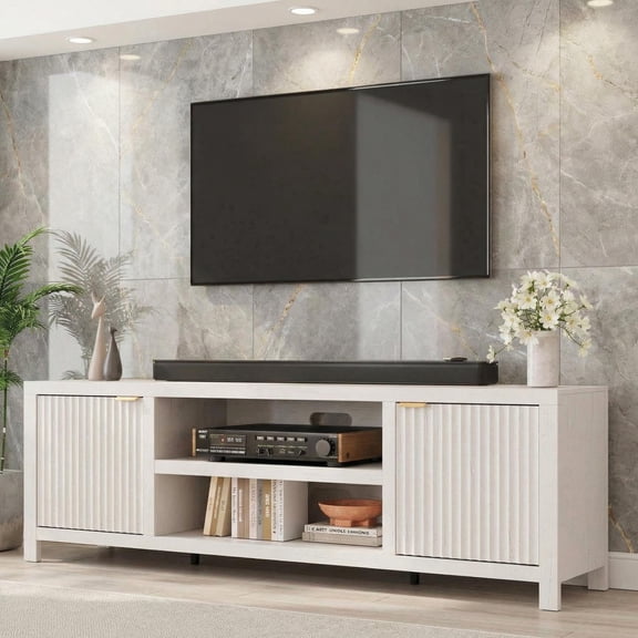 Kicctian Wide TV Stand with Entertainment Center, Wooden Media Console Cabinet with Fluted Door and Gold Handle for Living Room Bedroom, White