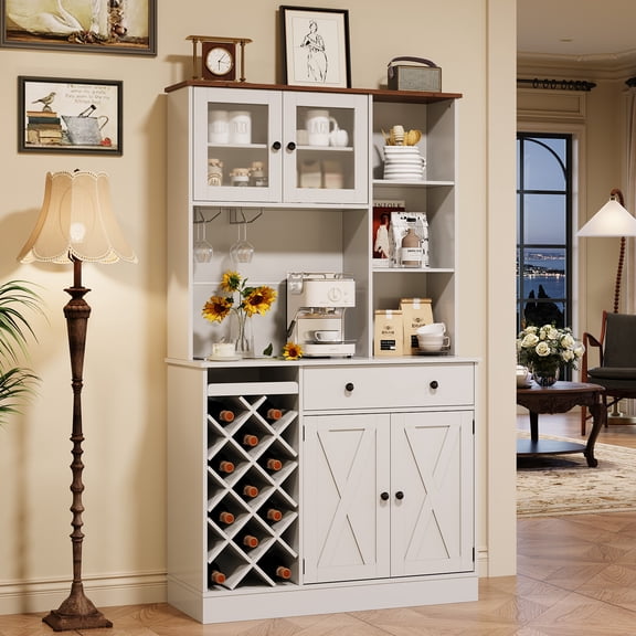 Kicctian Wine Bar Cabinet with Built-in Power Outlets and Barn Doors, Wine Bottle Rack and Buffet Sideboard Storage for Kitchen, Dining Room or Living Room,White