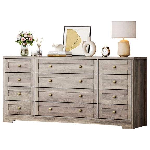 Kicctian Wood 12-Drawer Dresser for Bedroom– Wide Storage Cabinet Chest of Drawers for Living Room, Hallway,Antique Light Color