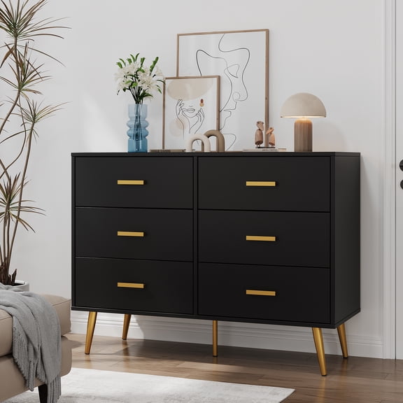 Kicctian Wooden Dresser Chest of Drawers, 6-Drawer Storage Cabinet with Gold Handles, Bedroom Dresser for Living Room, Hallway, Entryway Organizer,Black