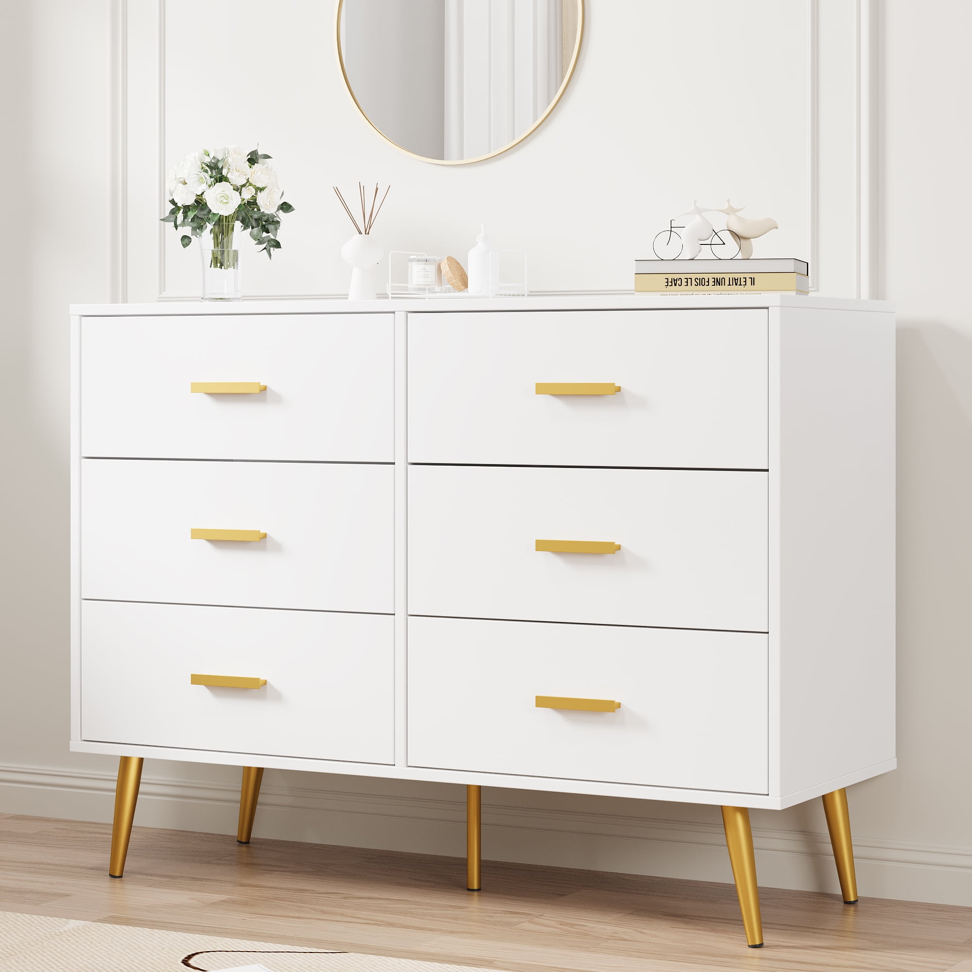 Kicctian Wooden Dresser Chest of Drawers, 6-Drawer Storage Cabinet with Gold Handles, Bedroom Dresser for Living Room, Hallway, Entryway Organizer,White