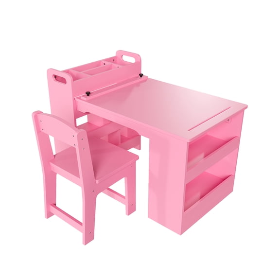 Kicctian Wooden Kids Table with 2 Chairs Set, Multi-Functional Craft Desk Large Storage Shelves, Drawing Learning Activities Center, Sturdy Children Furniture,Pink