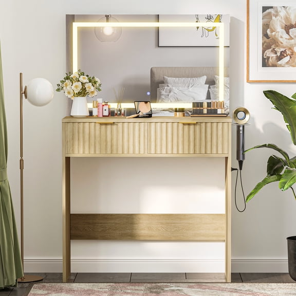 Kicctian Wooden Makeup Vanity with Large LED Mirror & Power Outlet - 3-Color Adjustable Lighting, 2 Drawers & Hair Dryer Rack Included,Wood Color