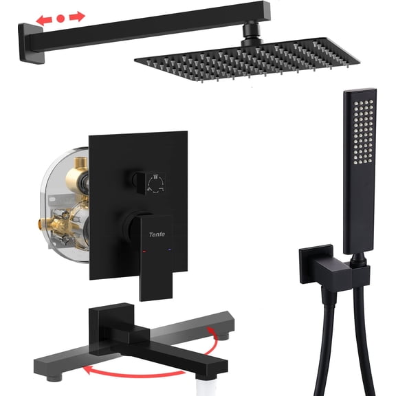 Kichae 10'' Wall Mount Shower Head System with Bath Tub Faucet，Matte Black 3 Function Shower Combo with Rough-in Valve and Diverter