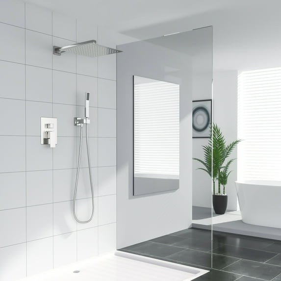 Kichae 10" Wall Mounted Rainfall Shower Head system with Handheld Shower and Shower Hose in Brushed Nickel