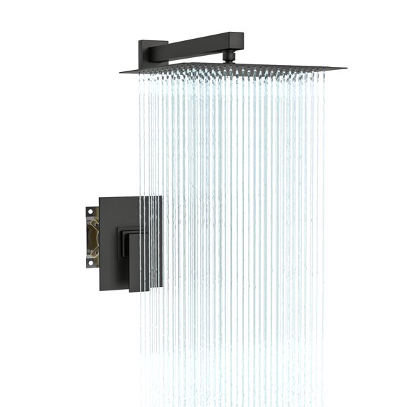 Kichae 10 inch Black Rain Shower Head with Extension Arm and Rough-in Valve Trim Kit Shower Faucet Set