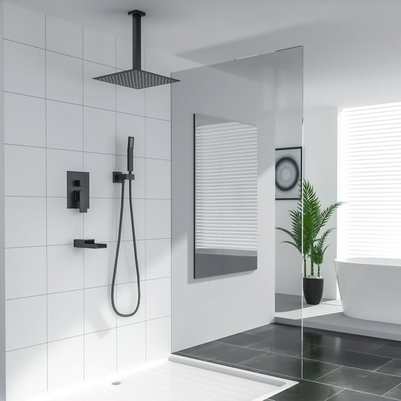 Kichae 12"Celling Mounted Square Shower Head System with Black Rain Shower and Handheld Shower