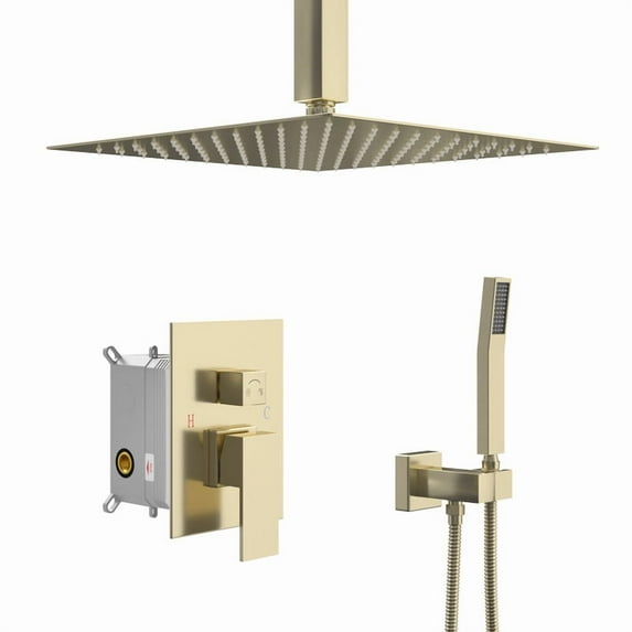 Kichae 12" Square Rain Shower Head Ceiling Mounted Shower Head Adjustable Handheld Shower in Gold