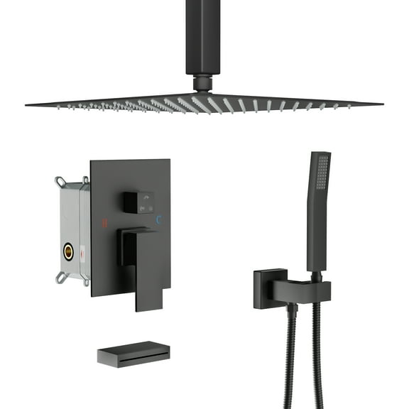 Kichae 12-inch Balck Rain Shower Faucet System with Tub Filler Spout and Handheld Shower