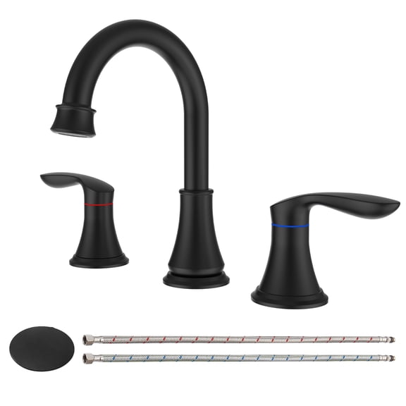 Kichae 2-Handle 8 inch Vanity Sink Faucet,3 Hole Matte Black Bathroom Faucet with Pop Up Drain and cUPC Water Supply Hose