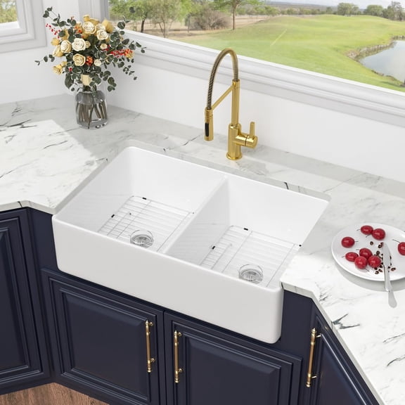 Kichae 32 White Farmhouse Sink Double Bowl - Kichae 32x20 Inch Kitchen Sink Flat White Apron Front Ceramic Porcelain Fireclay Farmer Basin Fireclay Ceramic Porcelain Double Basin 50/50