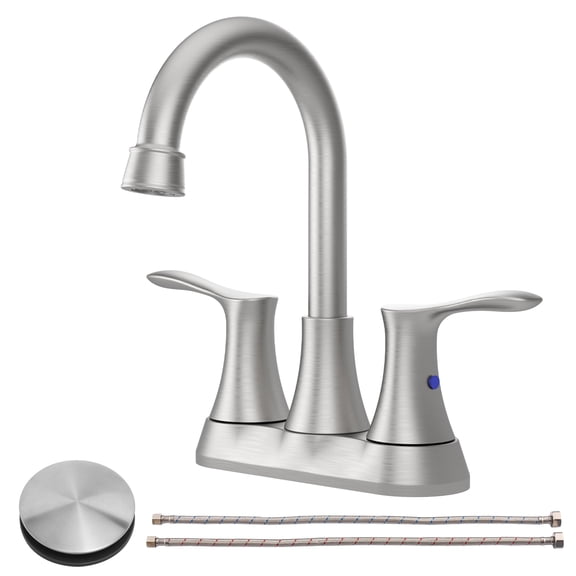 Kichae 4-Inch 2-Handle Vanity Sink FaucetBrushed Nickel Centerset Bathroom Faucet with Pop-up Drain and Supply Hose
