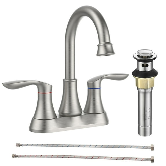 Kichae 4 Inch Brushed Nickel Bathroom Faucet,2-Handle Deck Mount Centerset Vanity Sink Faucet with Pop up Drain & Supply Hoses