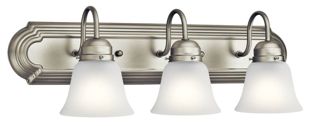 Classic 24" Distressed Bronze Vanity Light with White Bell Shades