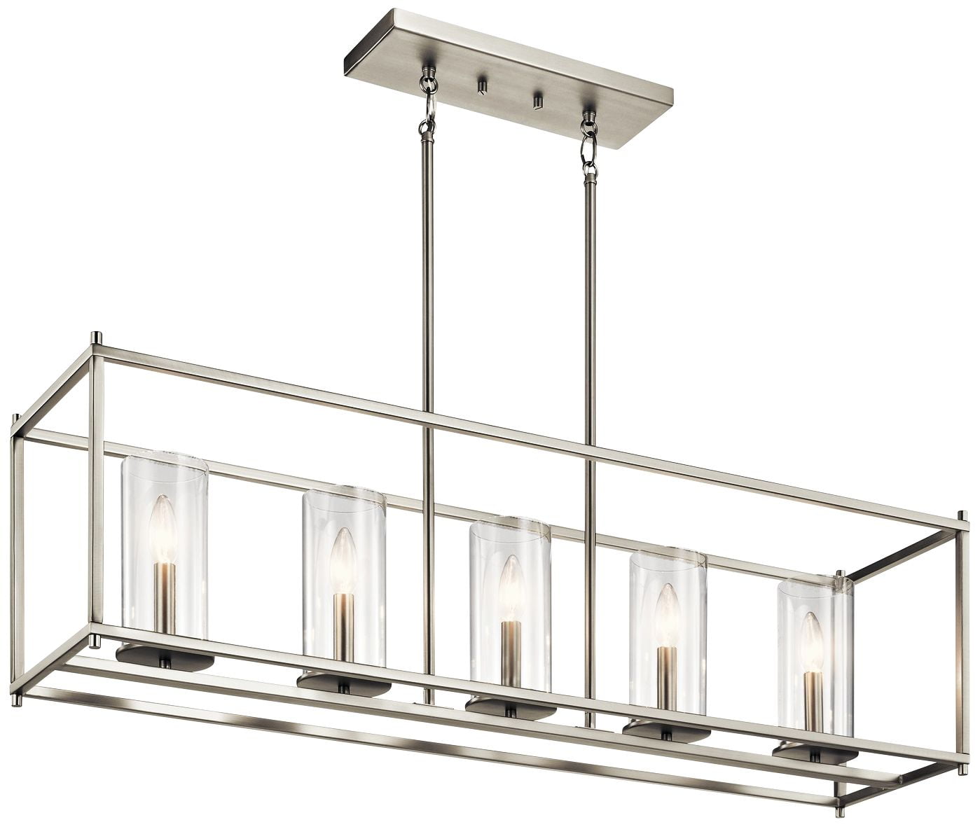Sleek 5-Candle Linear Chandelier in Brushed Nickel with Clear Glass