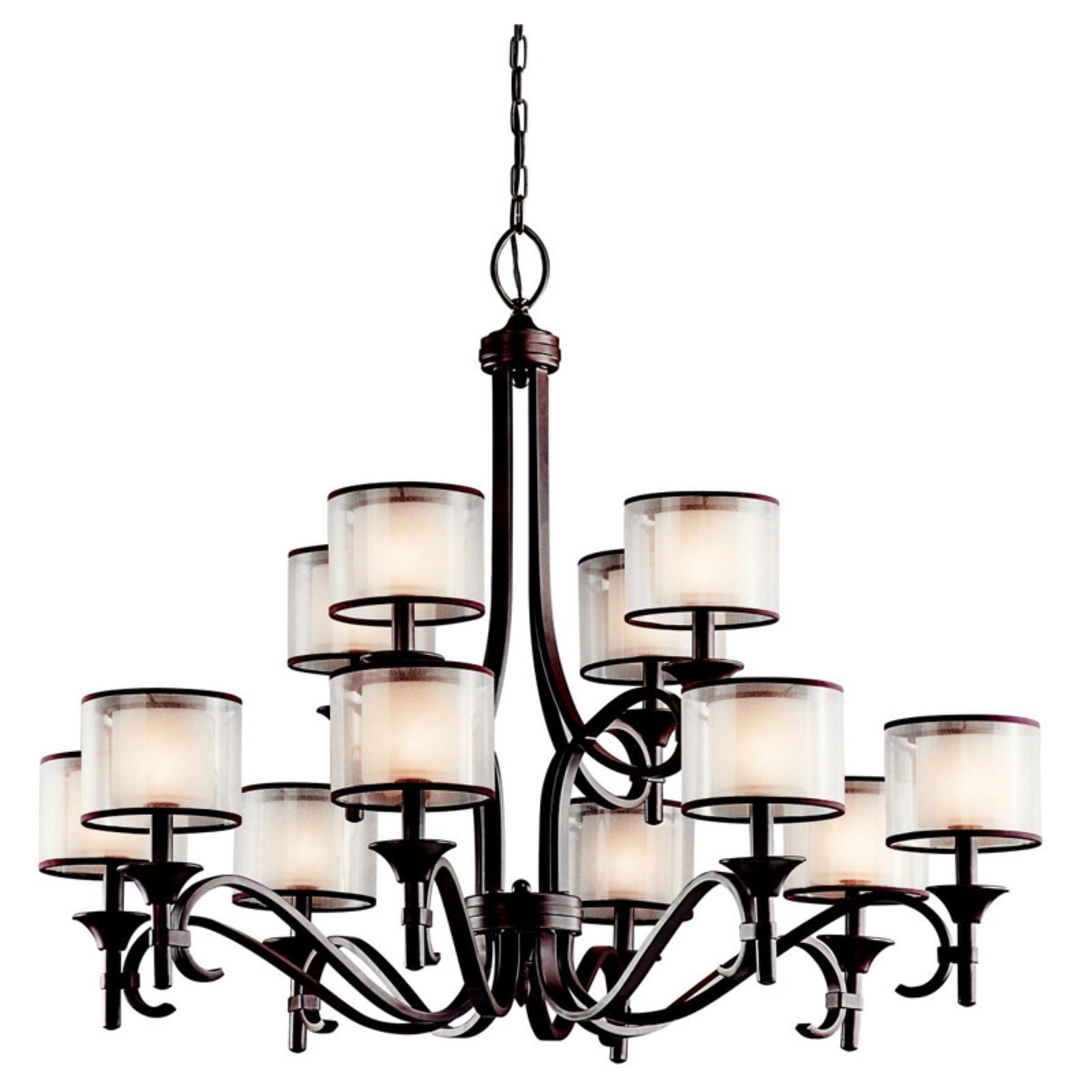 Mission Bronze 12-Light Drum Chandelier with Satin Etched Glass