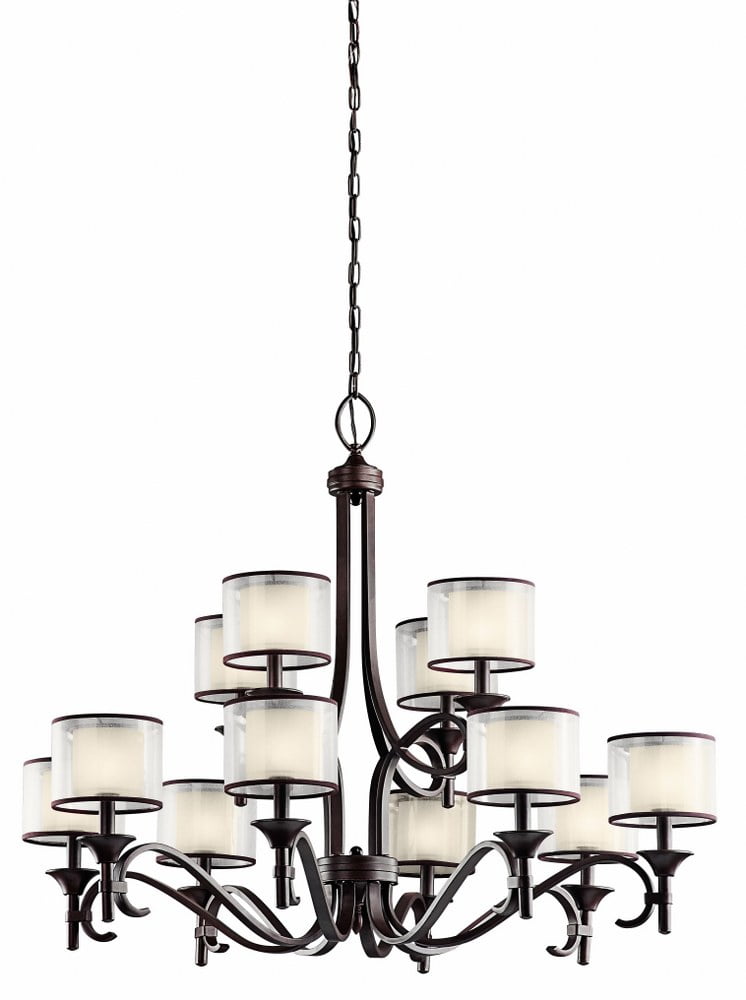 Mission Bronze 12-Light Drum Chandelier with Satin Etched Glass