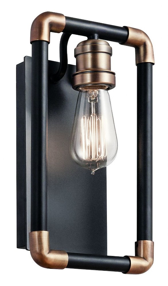 Black and Brass Industrial Wall Sconce with Exposed Bulb