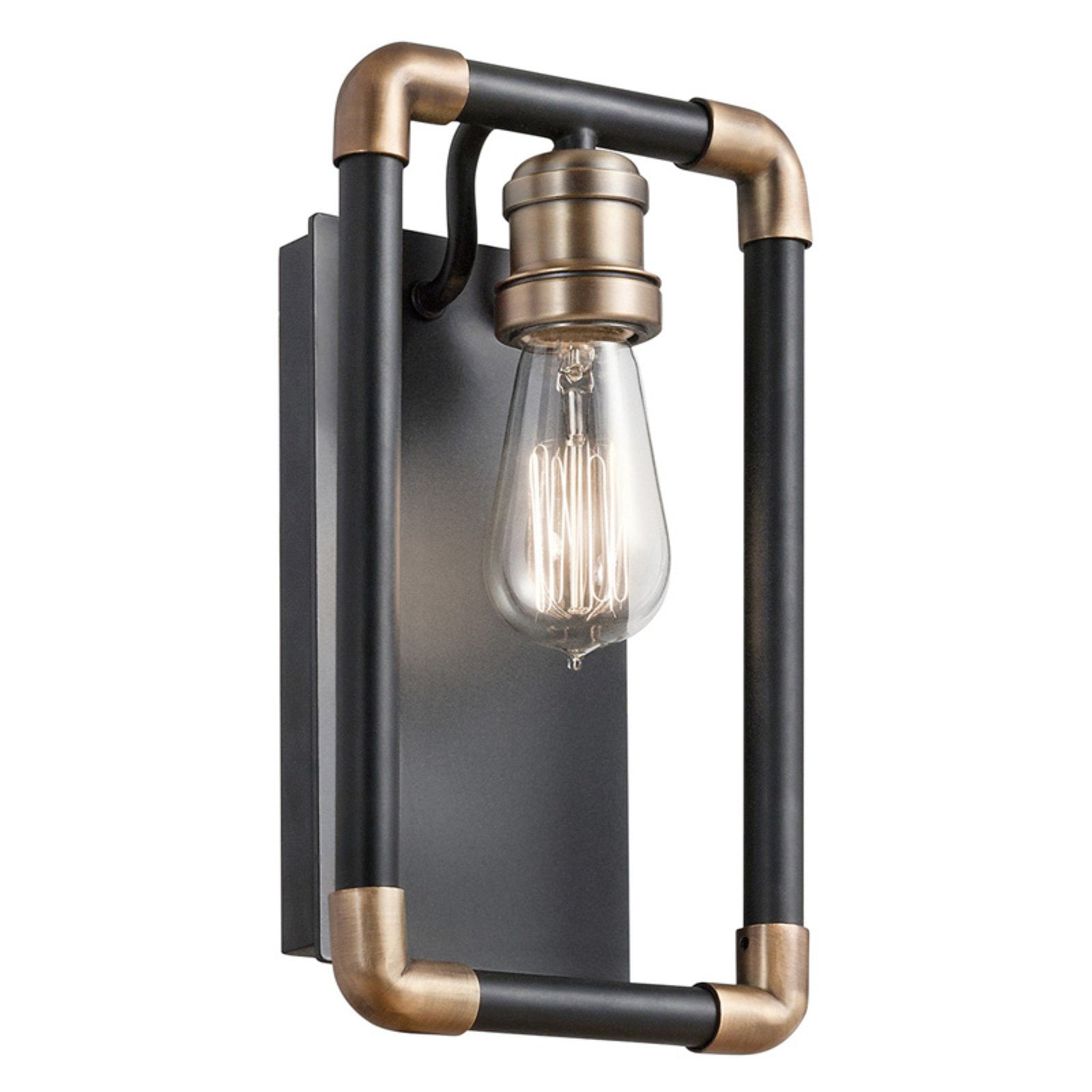 Black and Brass Industrial Wall Sconce with Exposed Bulb