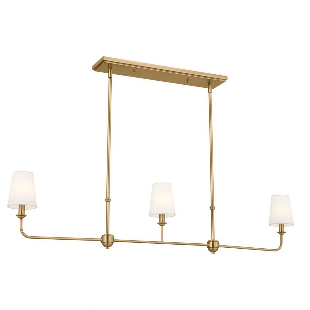 Brushed Natural Brass 3-Light Linear Chandelier with Fabric Shades