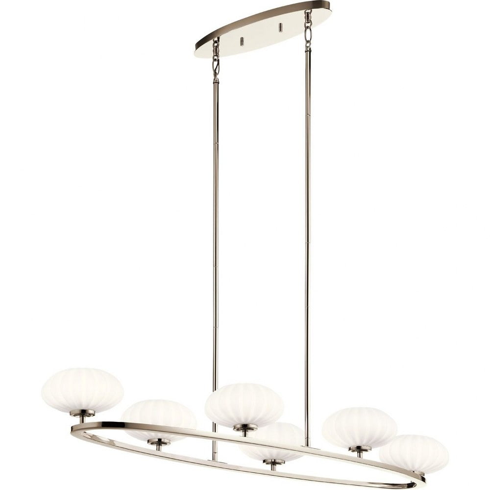 Mid-Century Modern Polished Nickel 6-Light Oval Chandelier with Satin Etched Glass