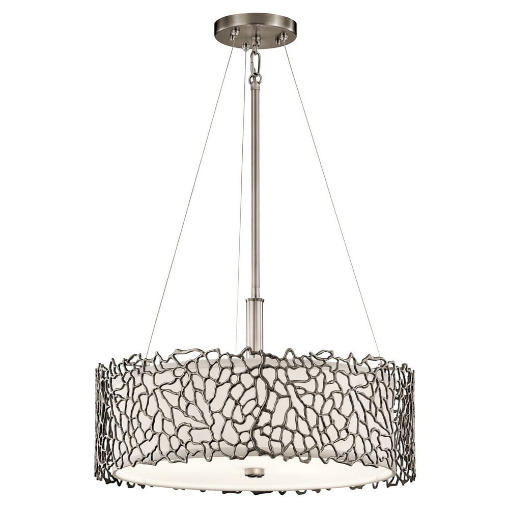 Classic Pewter 3-Light Coral Inspired Pendant with White Drum Shade