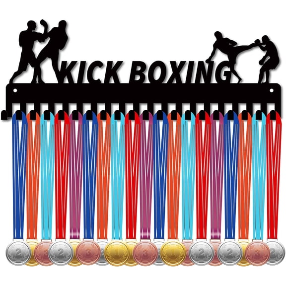 Kick Boxing Medal Holder Competition Medal Hanger Display Rack Sports Hanging Athlete Awards Ribbon Iron Wall Mount Decor with 20 Hooks for Badge Swimming Medalist Black 15.7x5.6in for DIY
