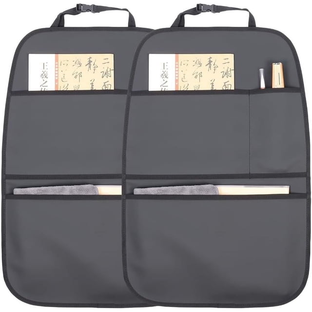 Kick Mat Back Seat Protector Waterproof Leather Car Seat Back Organizers Cover with 3 Storage Pockets for Kids Pets SUV Sedan Minivan Truck Car Travel Accessories (Black 2-Pack)