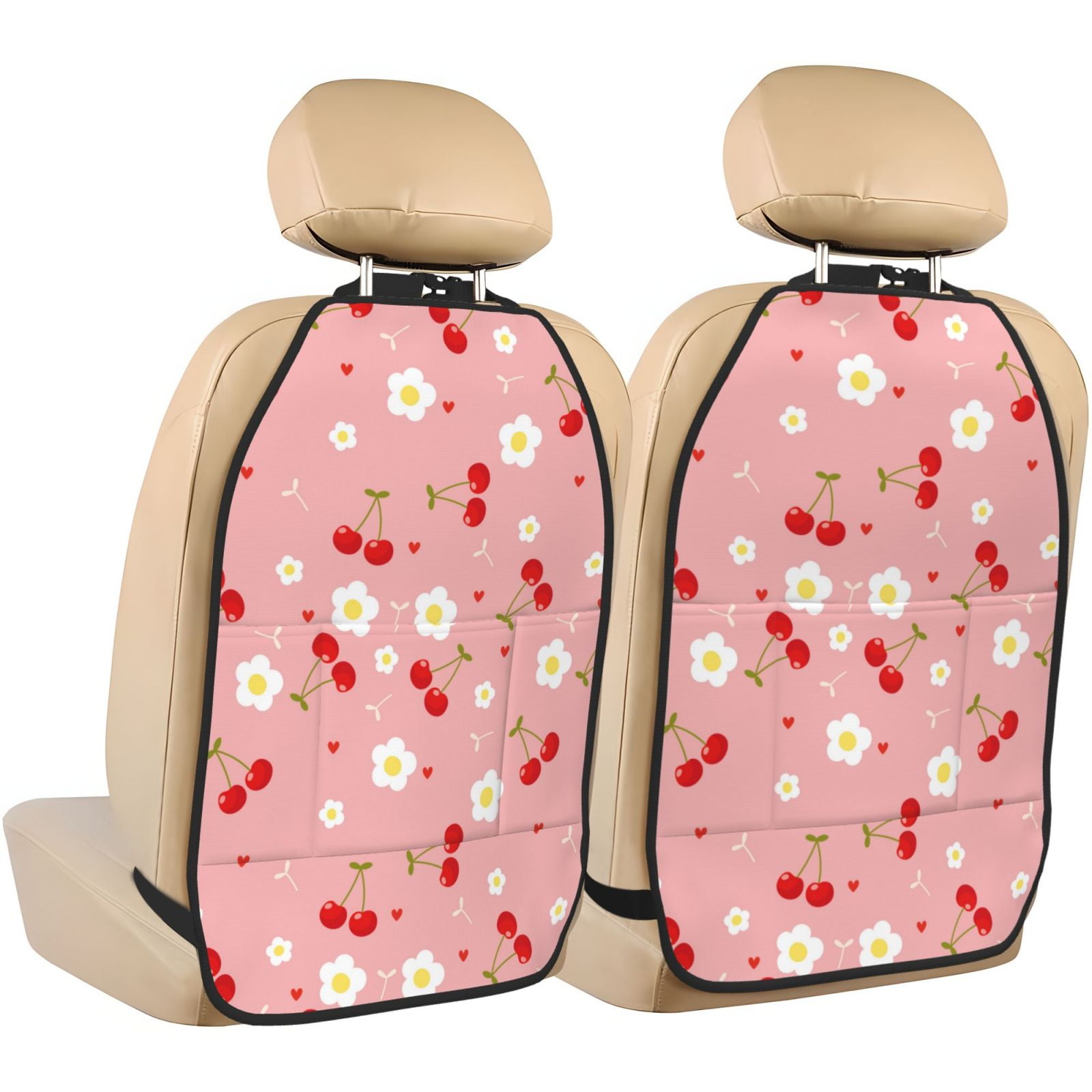 Kick Mats with Backseat Car Organizer 2 Pack Cute Red Berry Flower