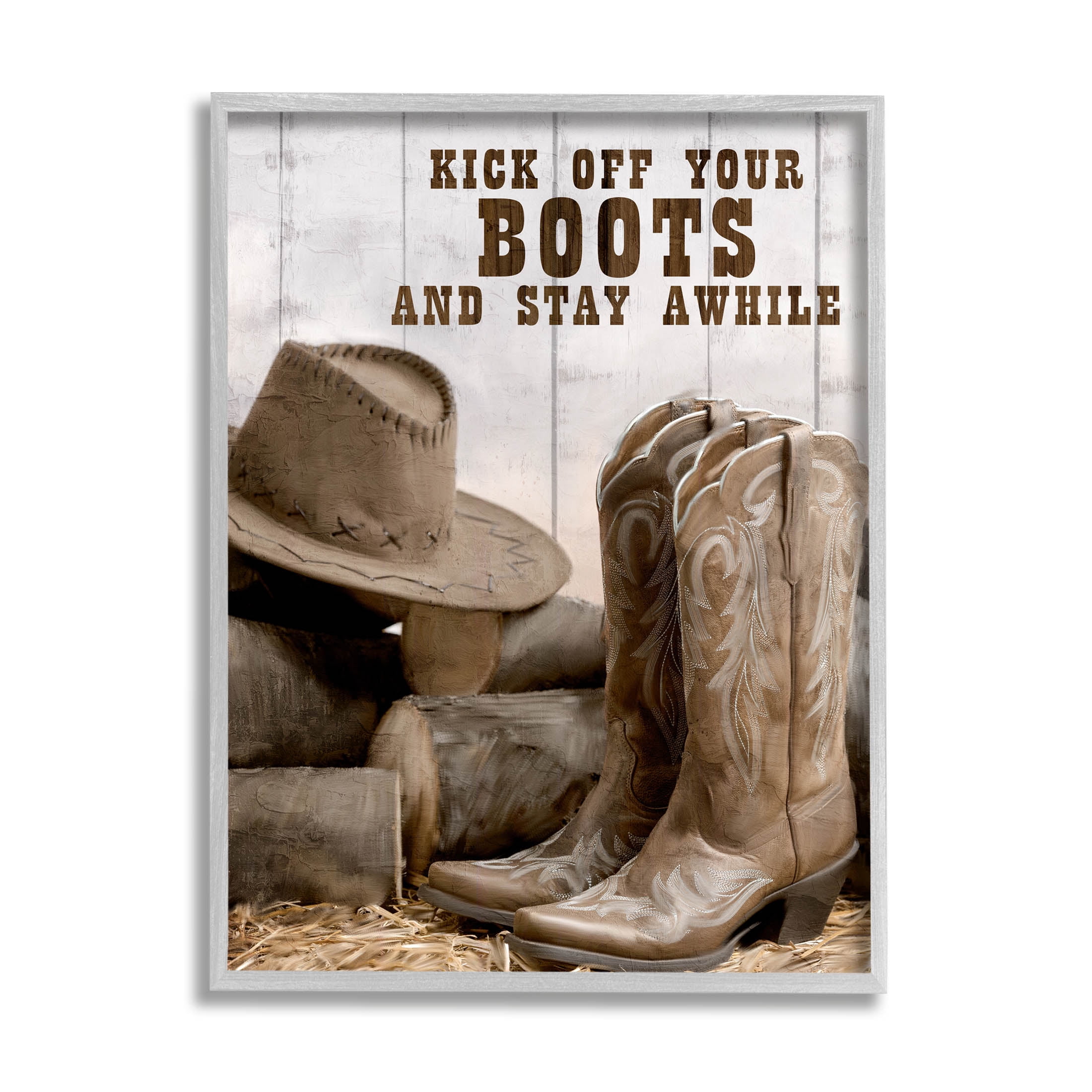Kick Off Boots Stay Awhile Phrase Inspirational Graphic Art Gray Framed Art Print Wall Art