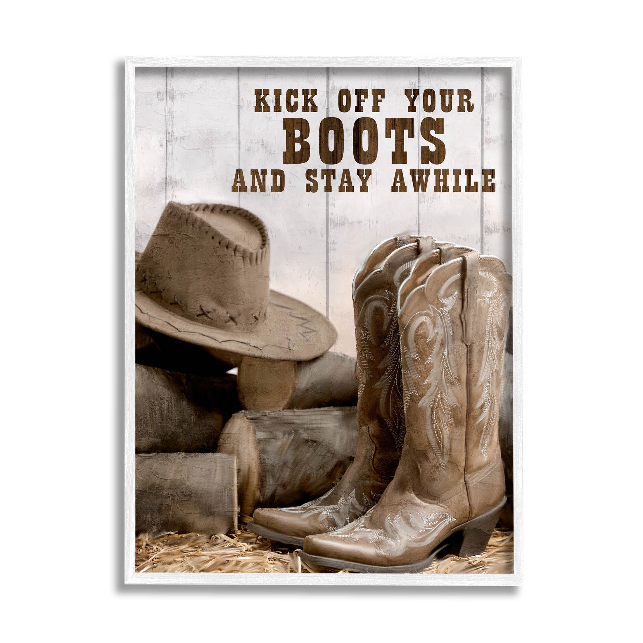Kick Off Boots Stay Awhile Phrase Inspirational Graphic Art White Framed Art Print Wall Art