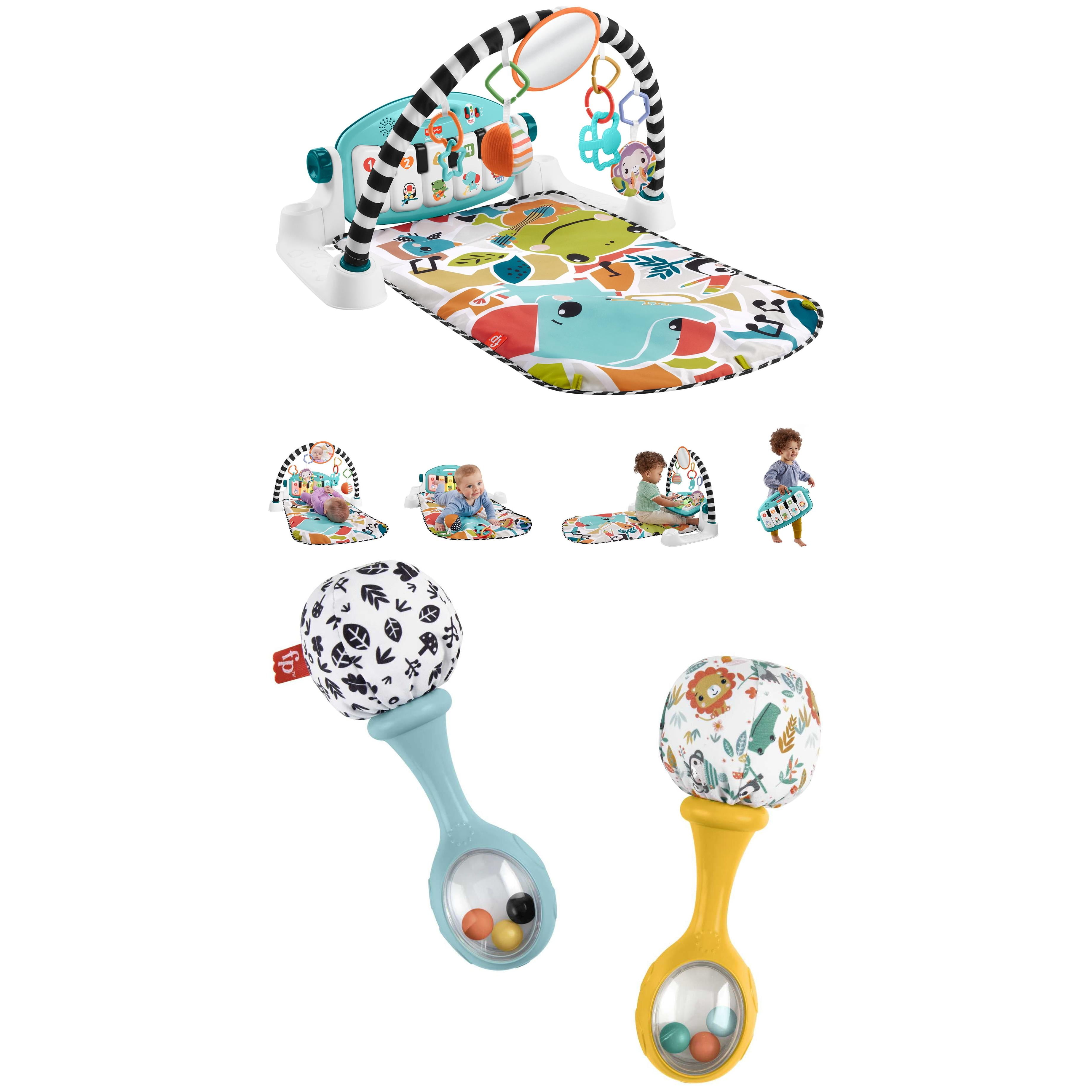 Fisher-Price Glow and Grow Kick & Play Piano Gym Baby Playmat and Rattle n Rock Maracas Toy Bundle for Newborns, Blue